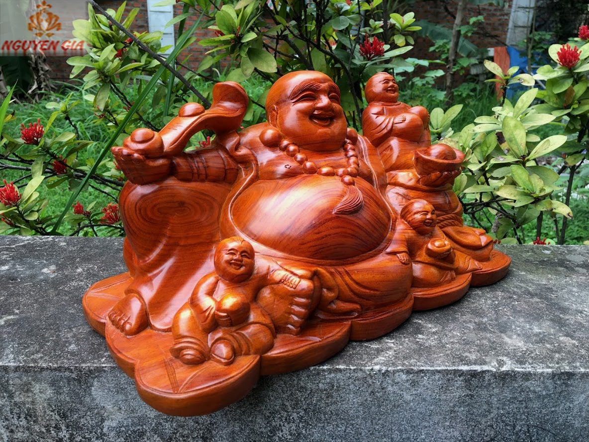 Tượng Di Lặc Tam Phúc ngang 40 Gỗ Hương