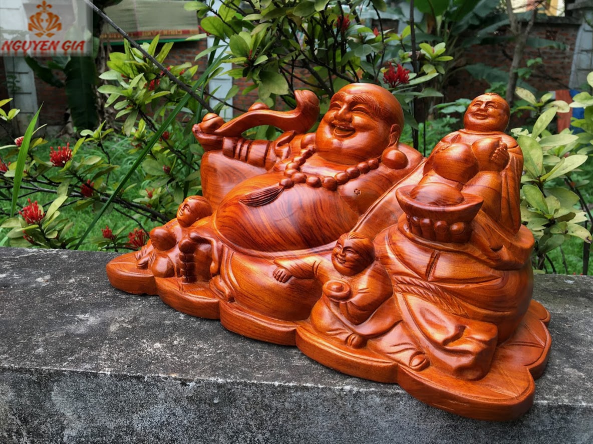 Tượng Di Lặc Tam Phúc ngang 40 Gỗ Hương