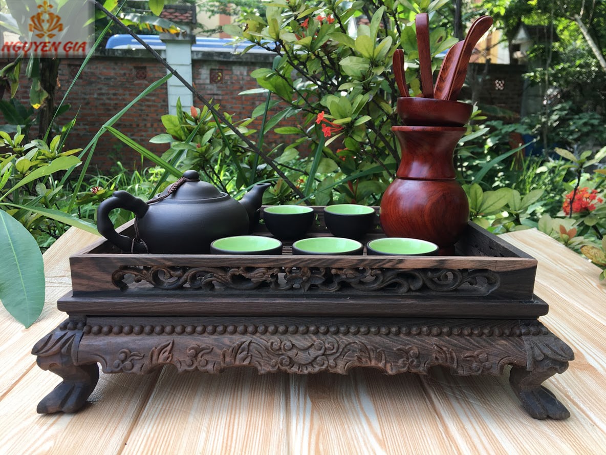 Khay trà trạm rồng gỗ Mun (Mộc)