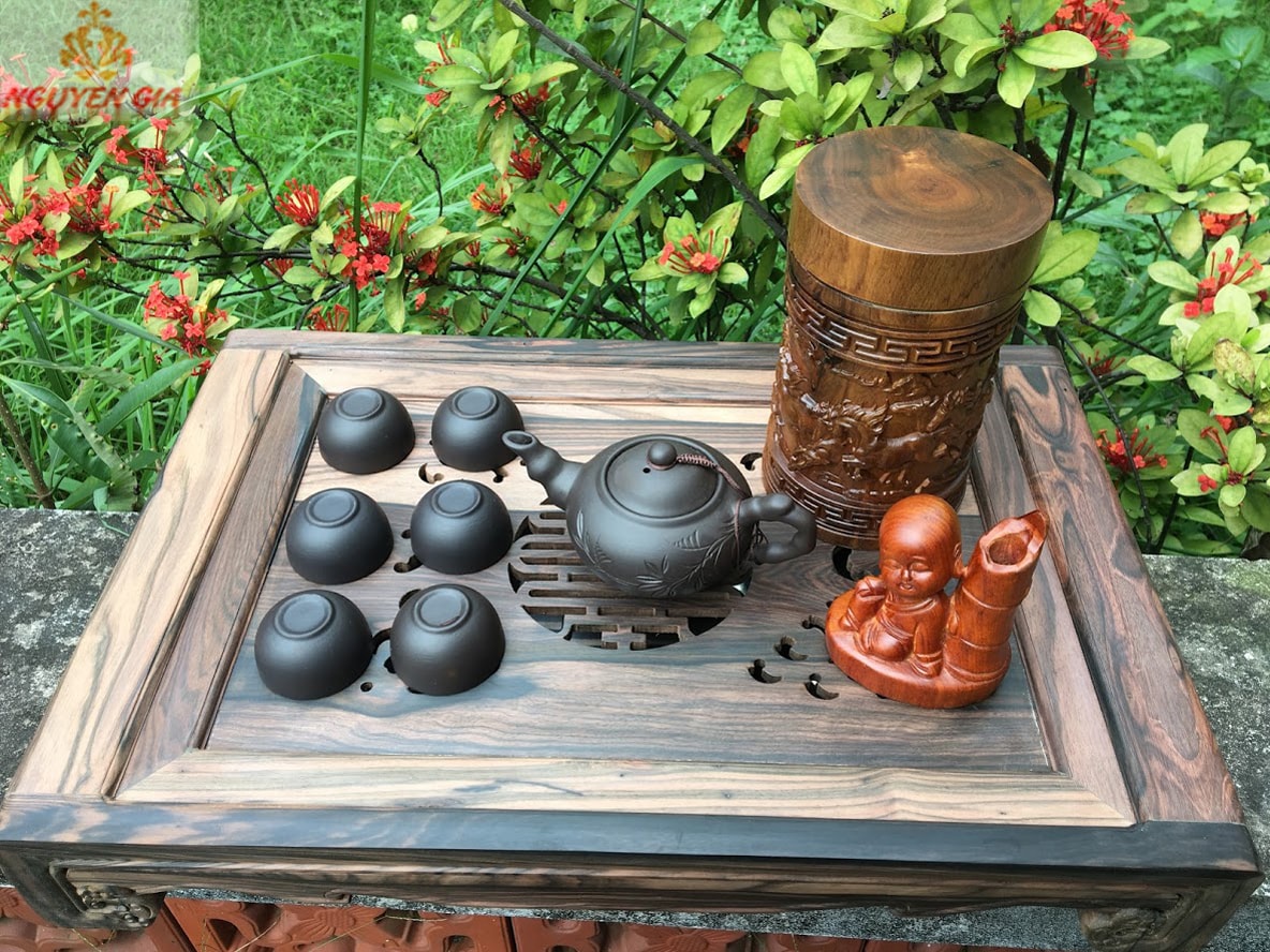 Khay trà gỗ mun mẫu chữ Thọ cao cấp size Lớn (Mộc)