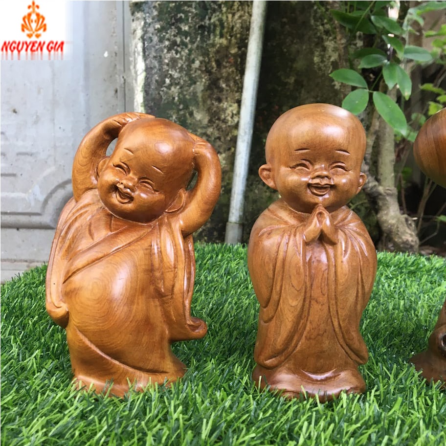 Bộ Tượng Chú Tiểu Tam Tâm (Tâm – Trí – Tịnh) Gỗ Bách Xanh