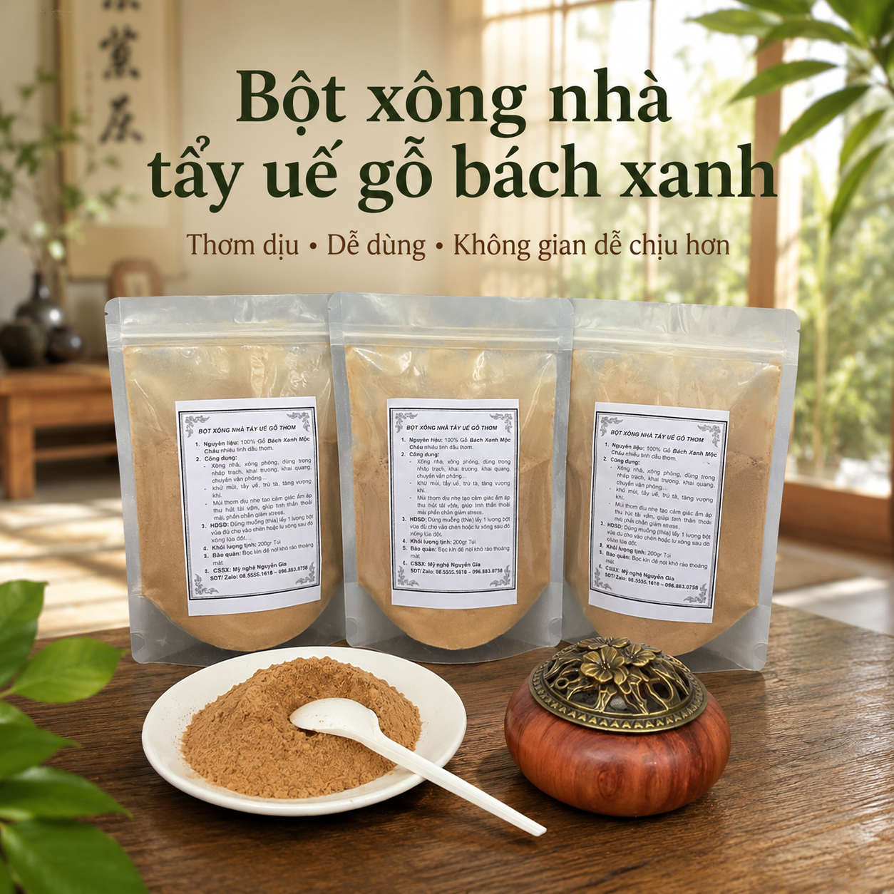 Bột Xông Nhà Tẩy Uế Gỗ Bách Xanh 100% Thơm Dịu, An Yên