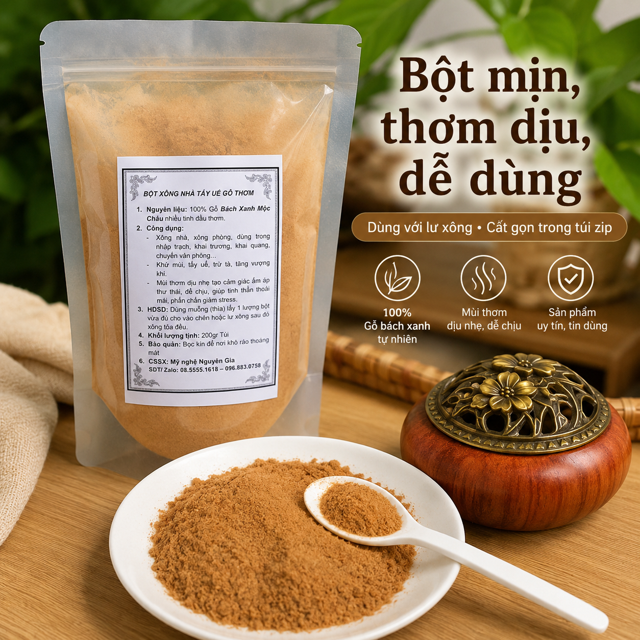 Bột Xông Nhà Tẩy Uế Gỗ Bách Xanh 100% Thơm Dịu, An Yên