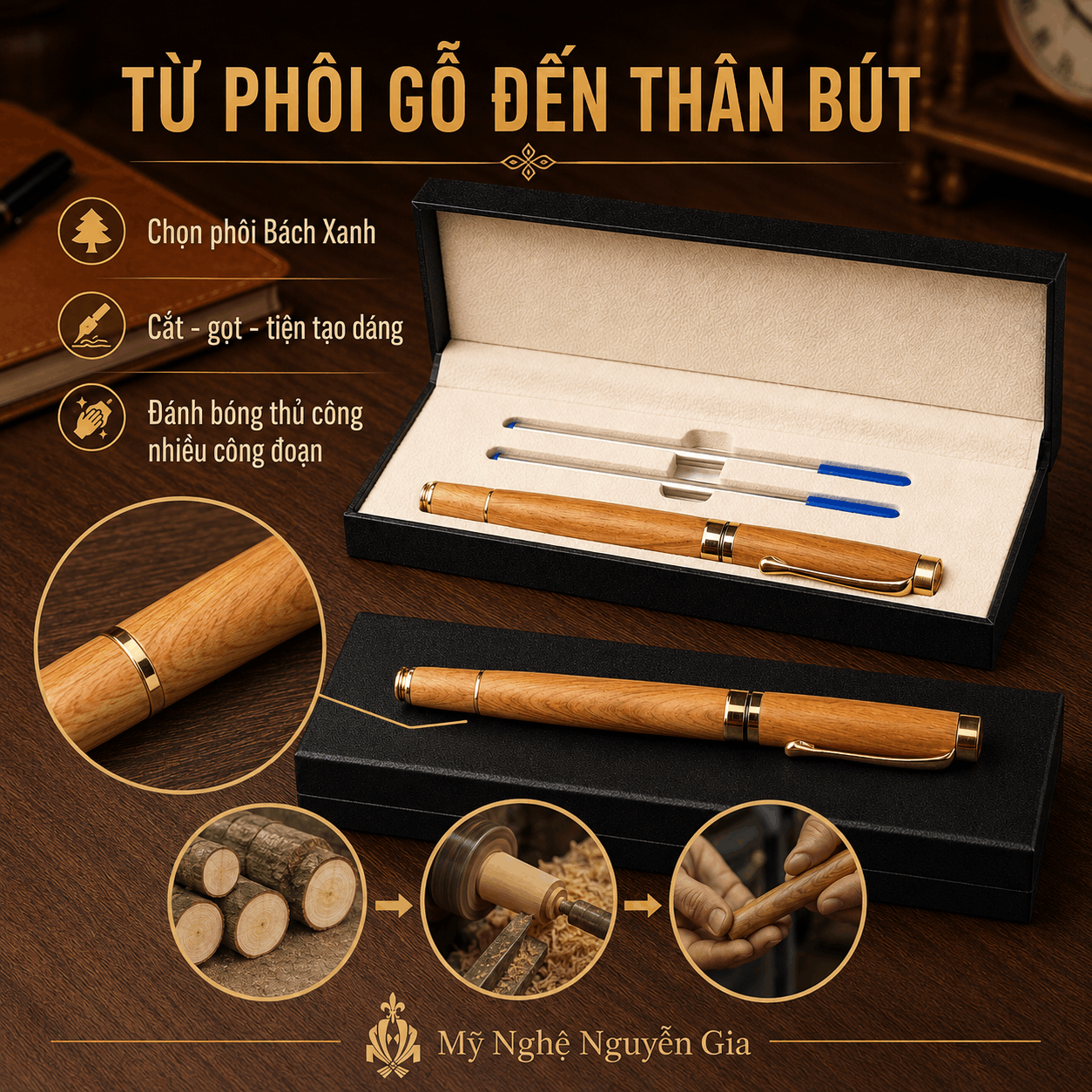 Bút Ký Gỗ Bách Xanh Kiểu Nắp – Có Thể Khắc Tên