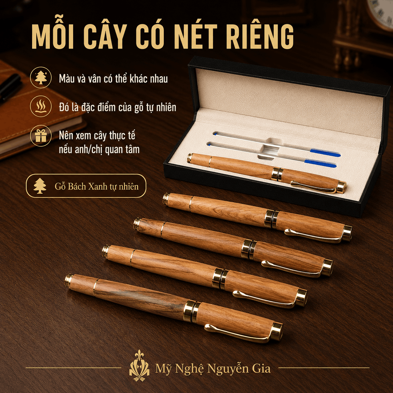 Bút Ký Gỗ Bách Xanh Kiểu Nắp – Có Thể Khắc Tên