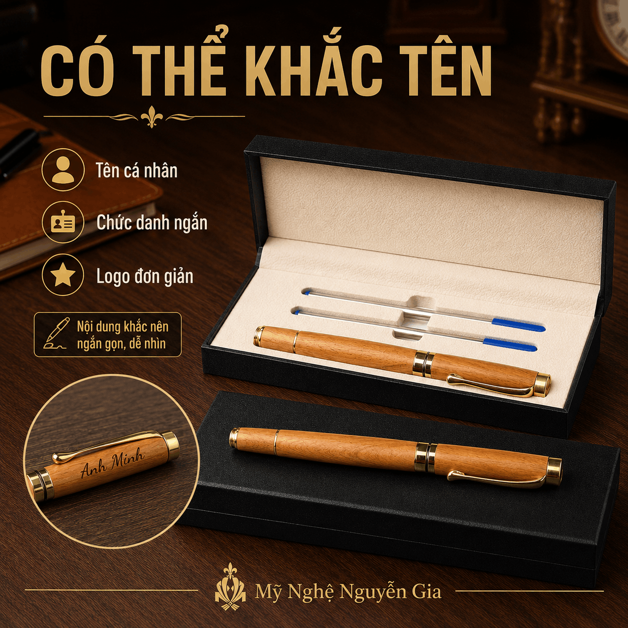 Bút Ký Gỗ Bách Xanh Kiểu Nắp – Có Thể Khắc Tên