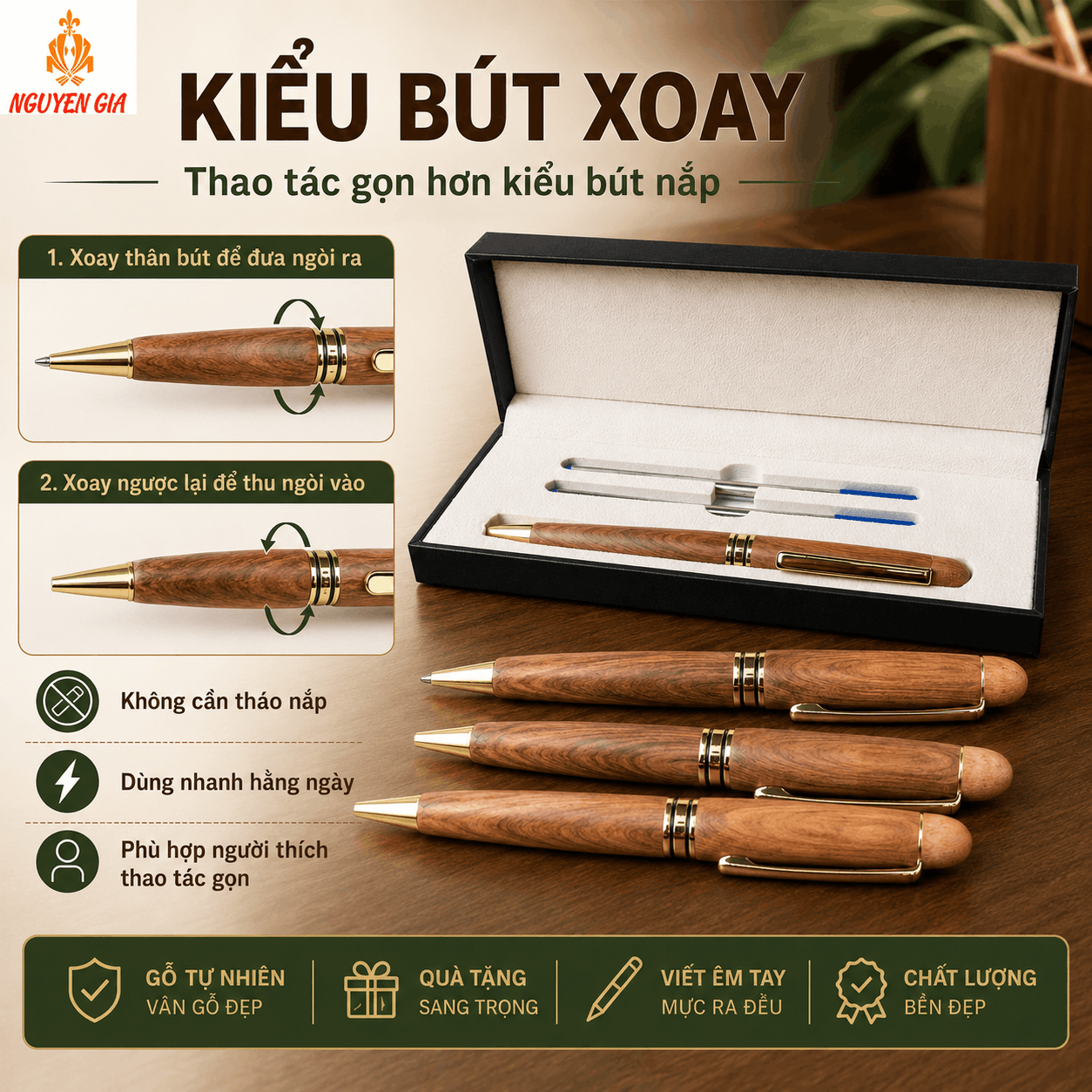 Bút Ký Gỗ Bách Xanh Kiểu Xoay
