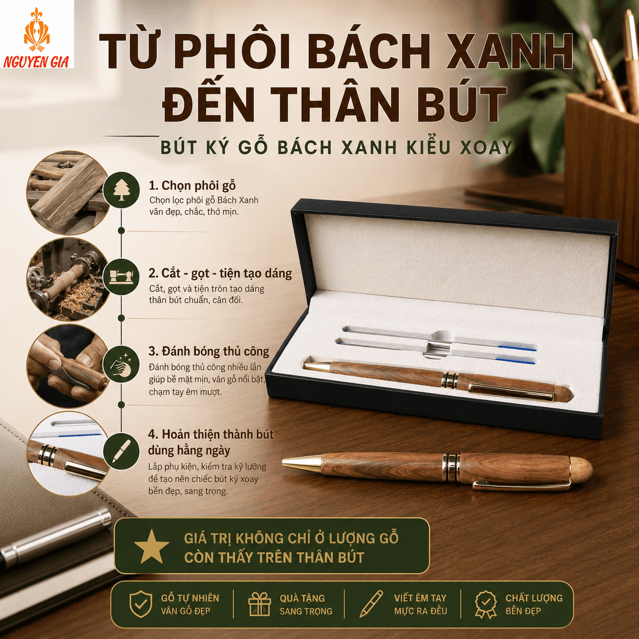 Bút Ký Gỗ Bách Xanh Kiểu Xoay