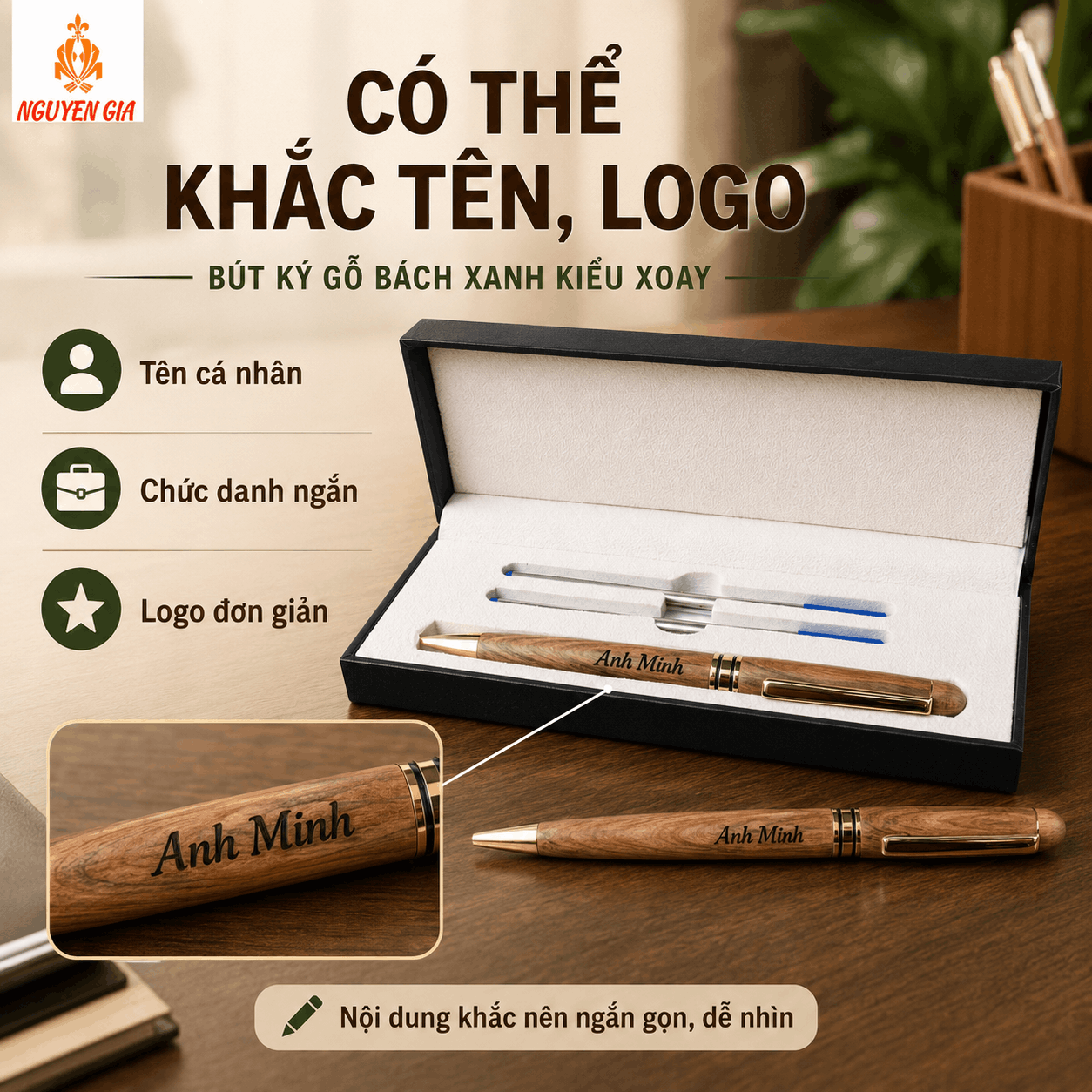 Bút Ký Gỗ Bách Xanh Kiểu Xoay