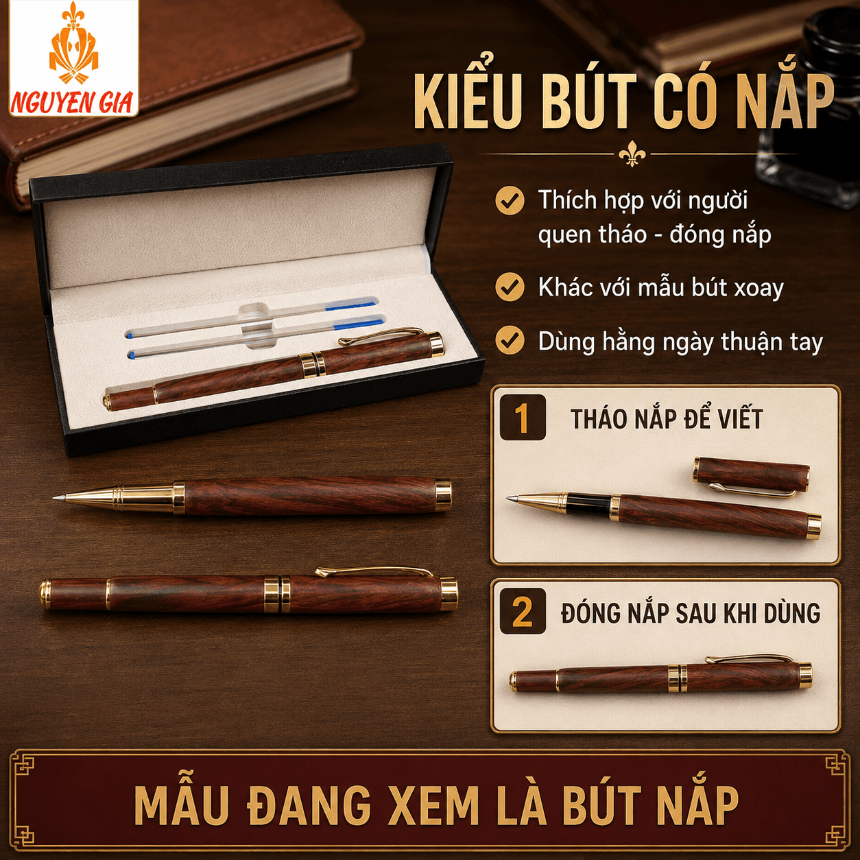 Bút Ký Gỗ Trắc Tự Nhiên Kiểu Nắp