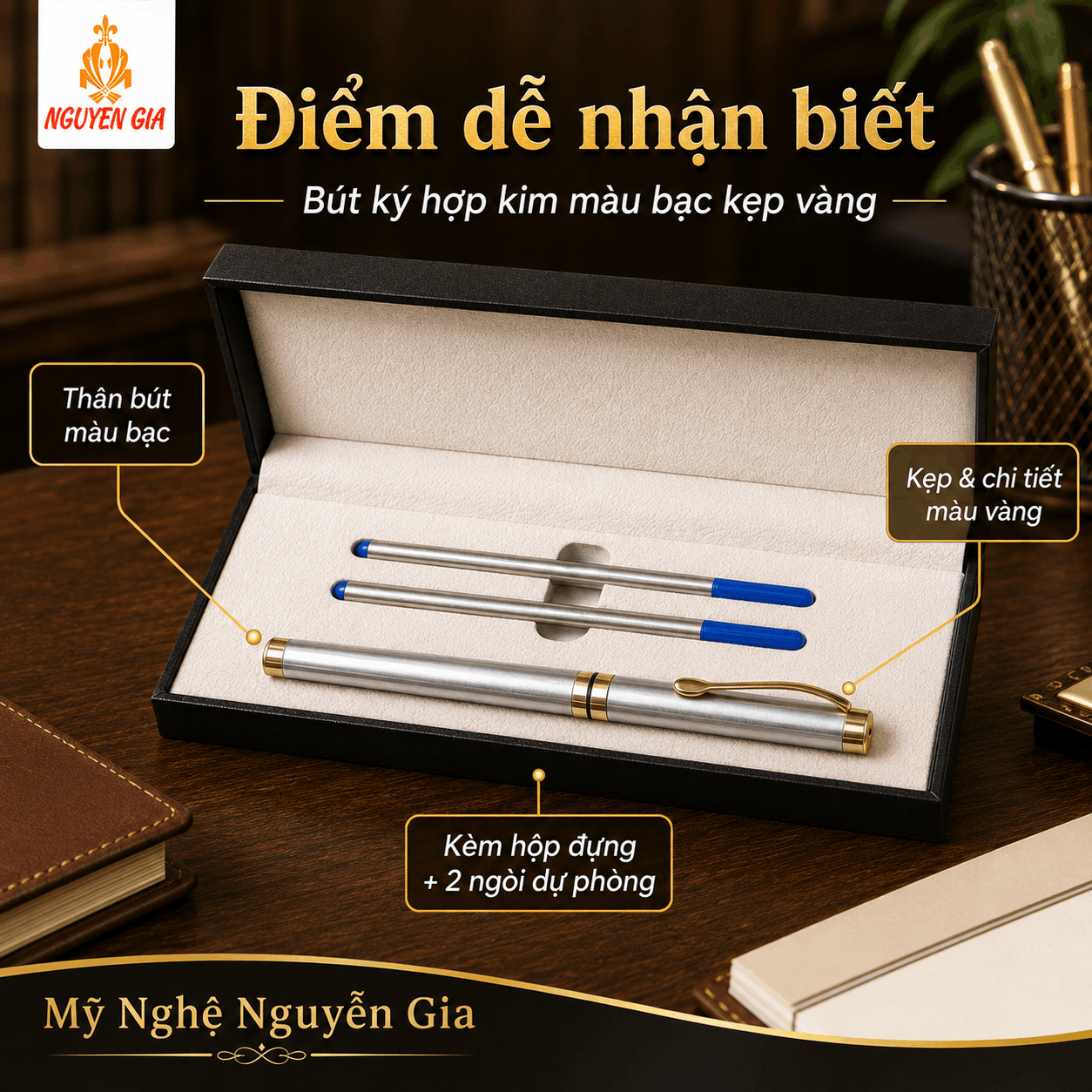 Bút Ký Hợp Kim Màu Bạc Kẹp Vàng