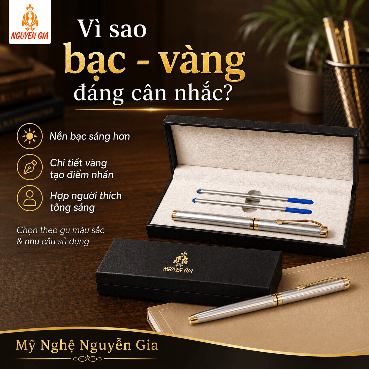 Bút Ký Hợp Kim Màu Bạc Kẹp Vàng