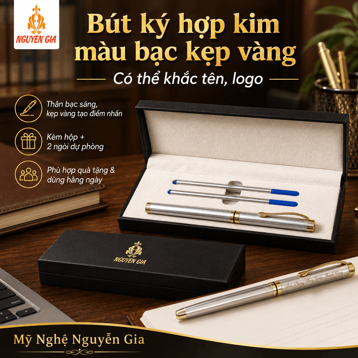 Bút Ký Hợp Kim Màu Bạc Kẹp Vàng