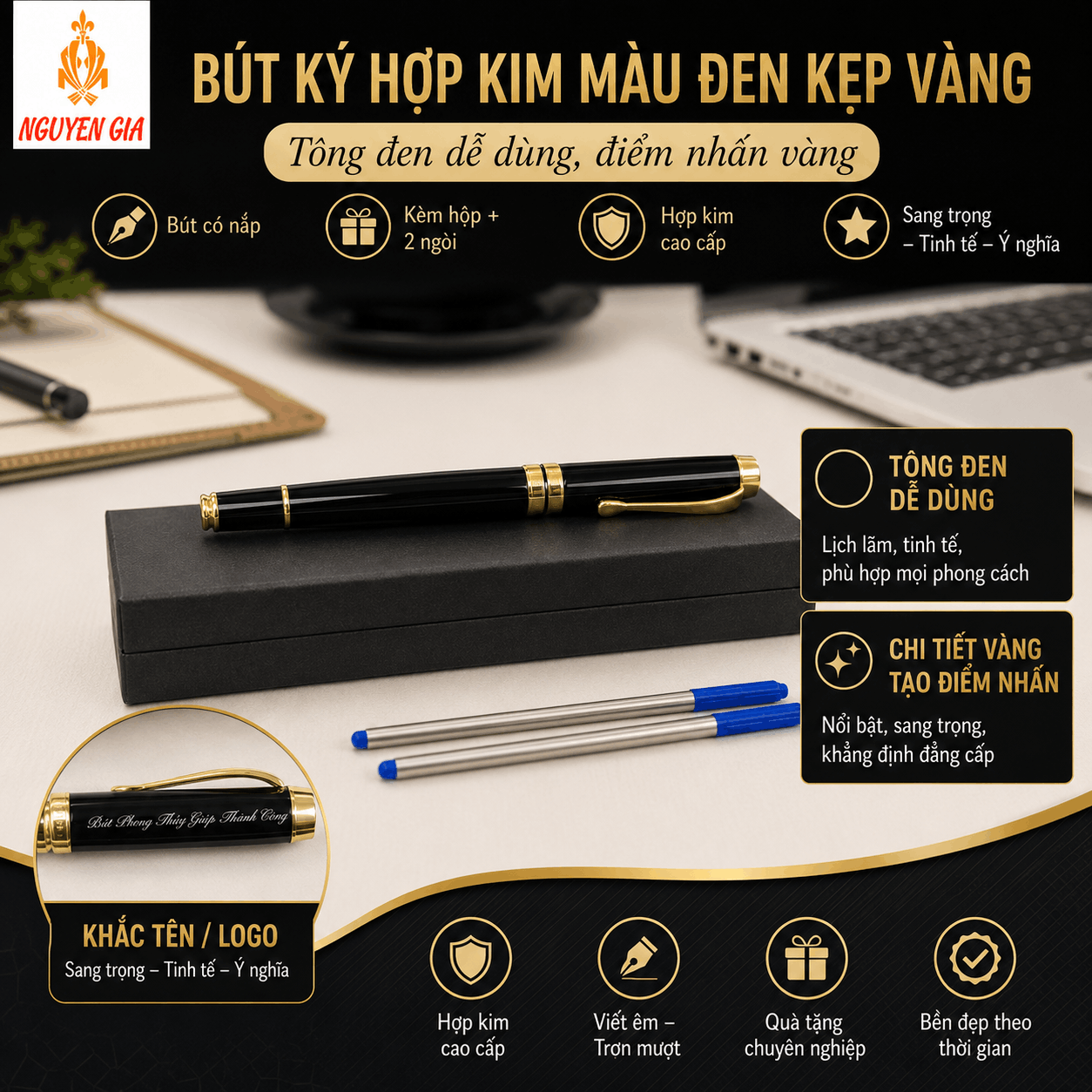Bút Ký Hợp Kim Màu Đen Kẹp Vàng