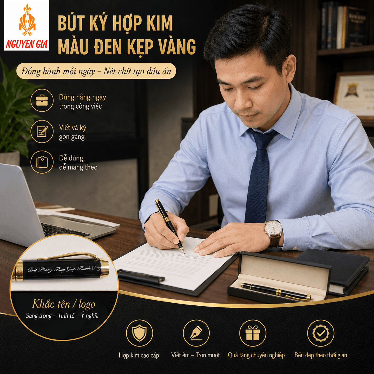 Bút Ký Hợp Kim Màu Đen Kẹp Vàng