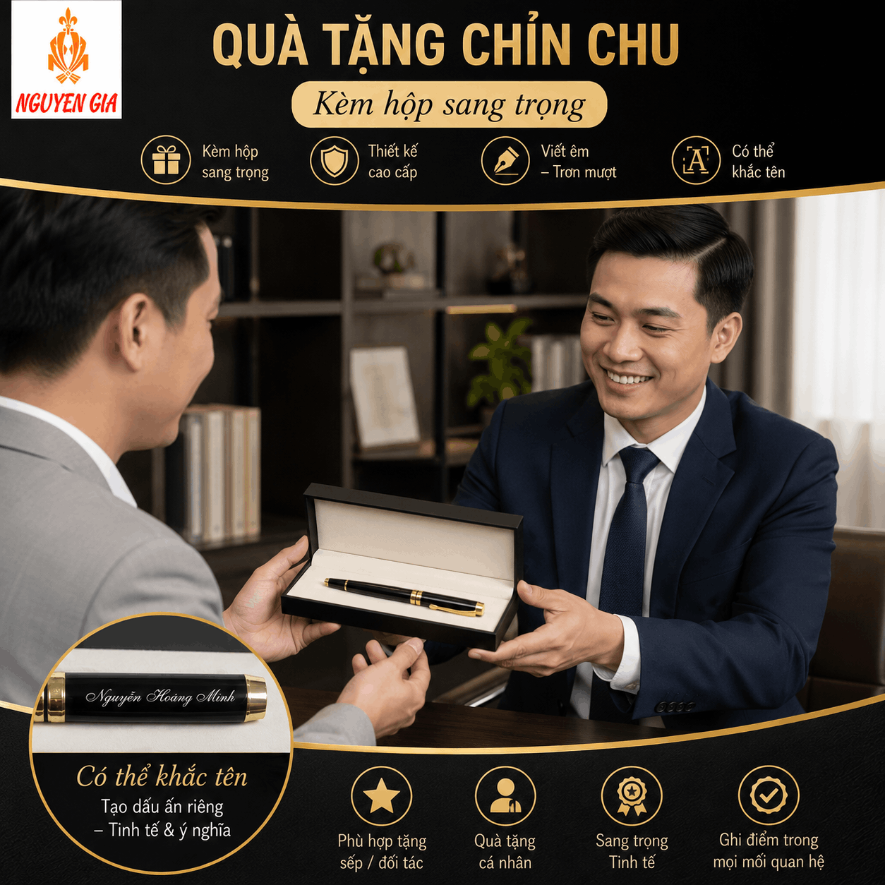 Bút Ký Hợp Kim Màu Đen Kẹp Vàng