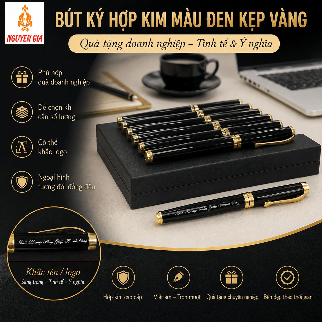 Bút Ký Hợp Kim Màu Đen Kẹp Vàng