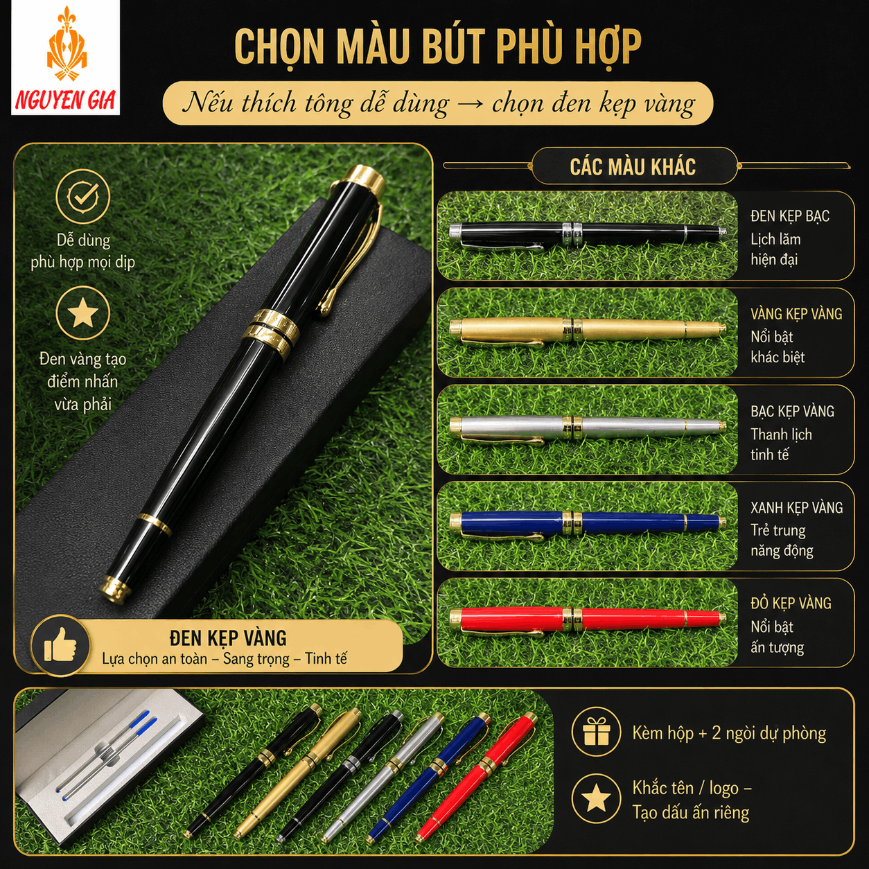 Bút Ký Hợp Kim Màu Đen Kẹp Vàng