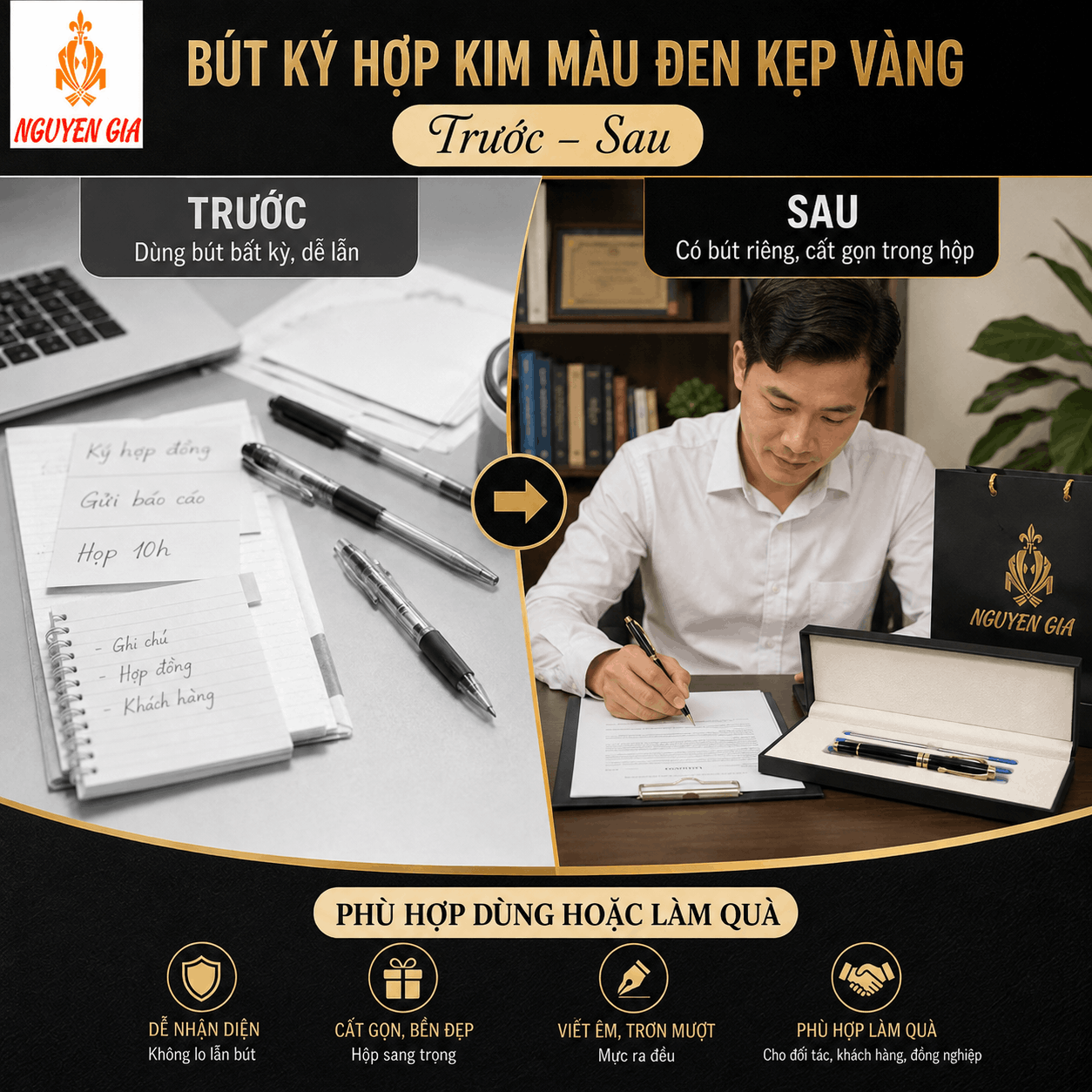 Bút Ký Hợp Kim Màu Đen Kẹp Vàng