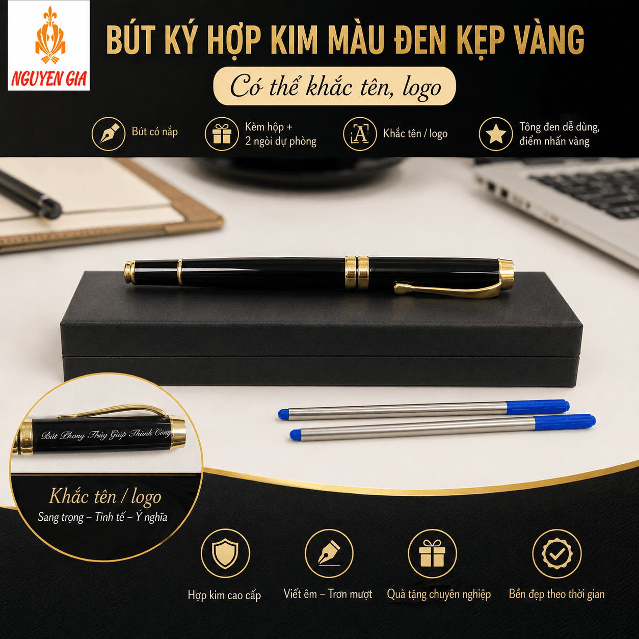 Bút Ký Hợp Kim Màu Đen Kẹp Vàng