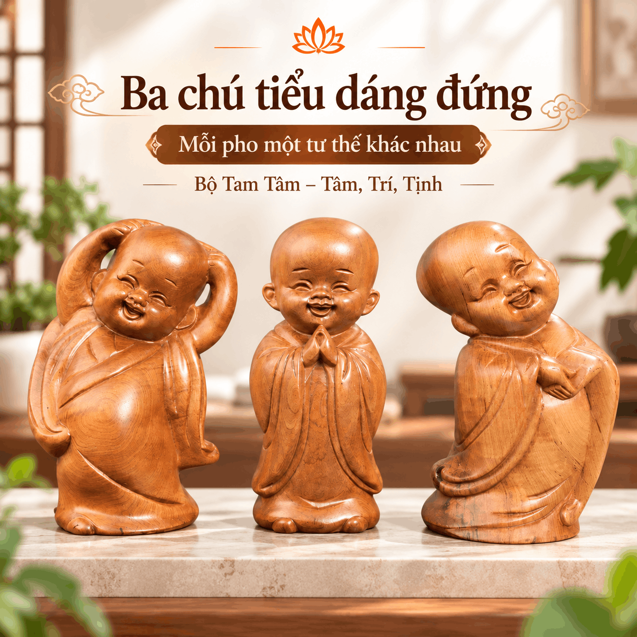 Bộ Tượng Chú Tiểu Tam Tâm (Tâm – Trí – Tịnh) Gỗ Bách Xanh