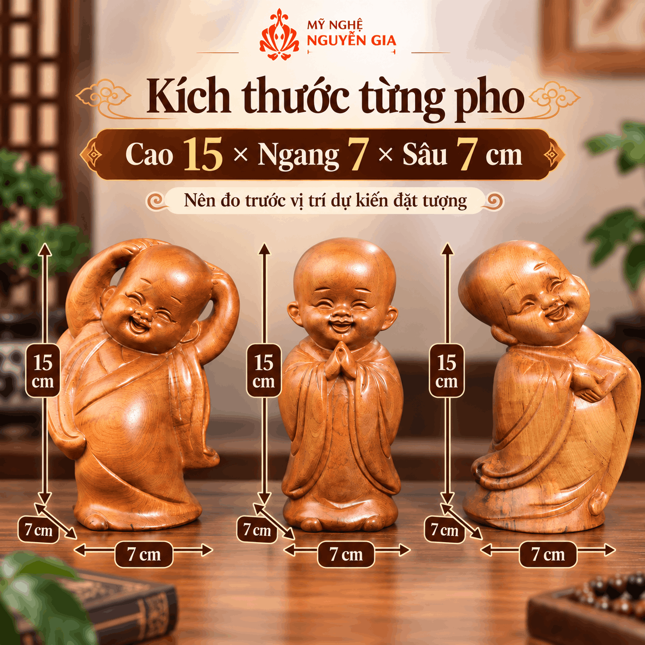 Bộ Tượng Chú Tiểu Tam Tâm (Tâm – Trí – Tịnh) Gỗ Bách Xanh