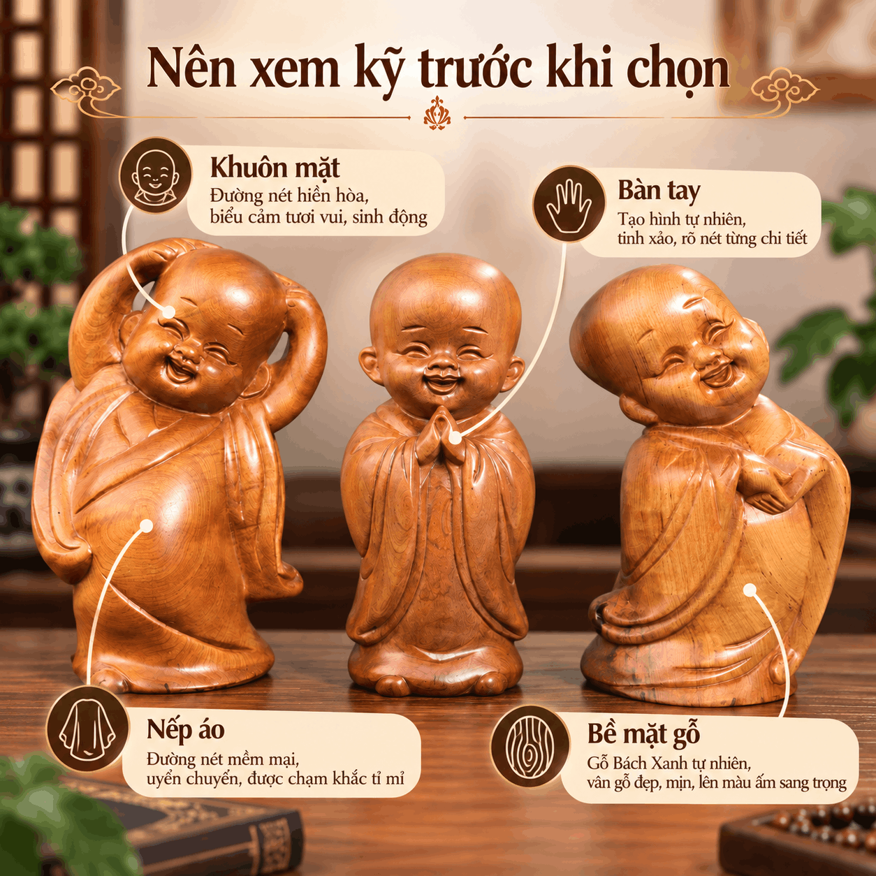 Bộ Tượng Chú Tiểu Tam Tâm (Tâm – Trí – Tịnh) Gỗ Bách Xanh
