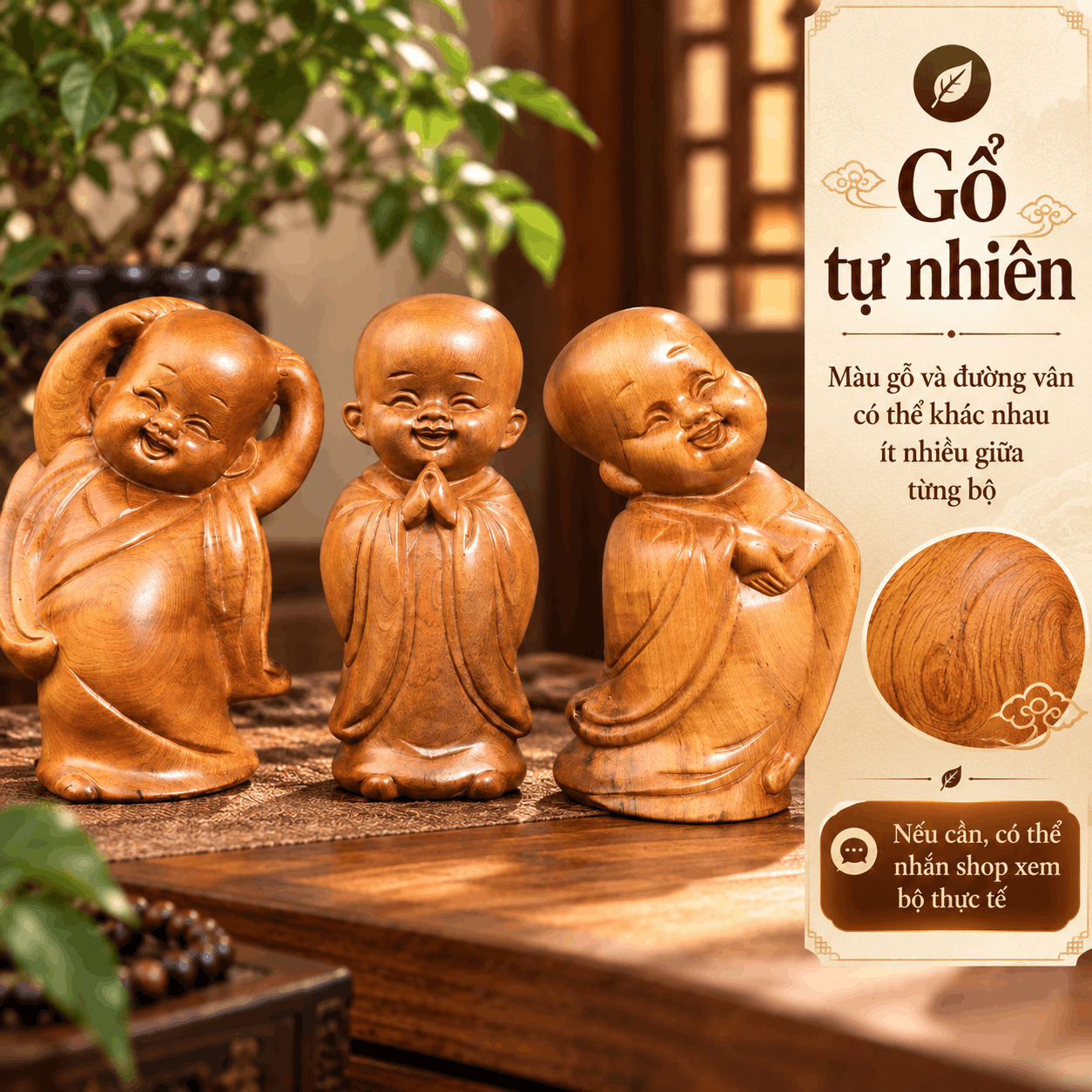 Bộ Tượng Chú Tiểu Tam Tâm (Tâm – Trí – Tịnh) Gỗ Bách Xanh