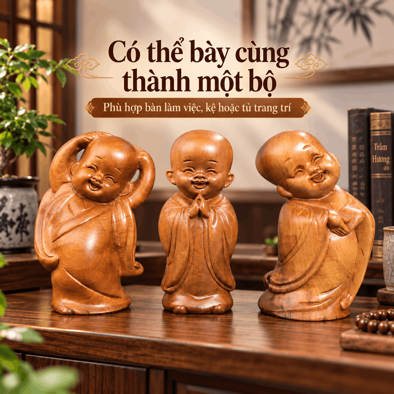 Bộ Tượng Chú Tiểu Tam Tâm (Tâm – Trí – Tịnh) Gỗ Bách Xanh