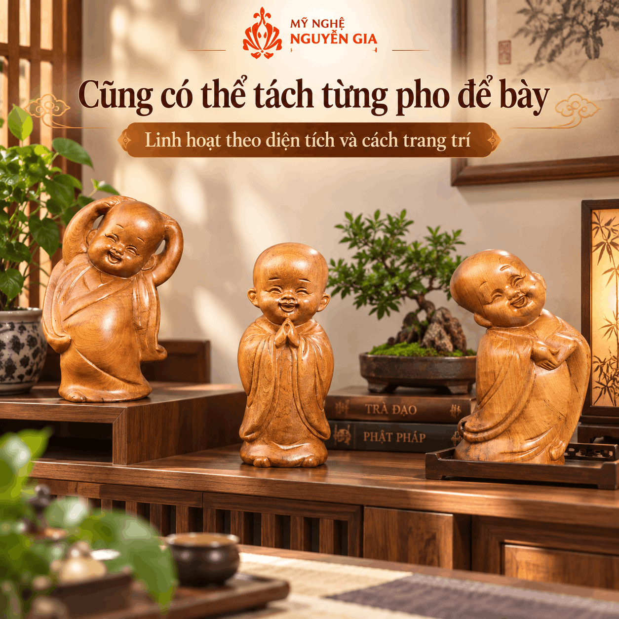 Bộ Tượng Chú Tiểu Tam Tâm (Tâm – Trí – Tịnh) Gỗ Bách Xanh
