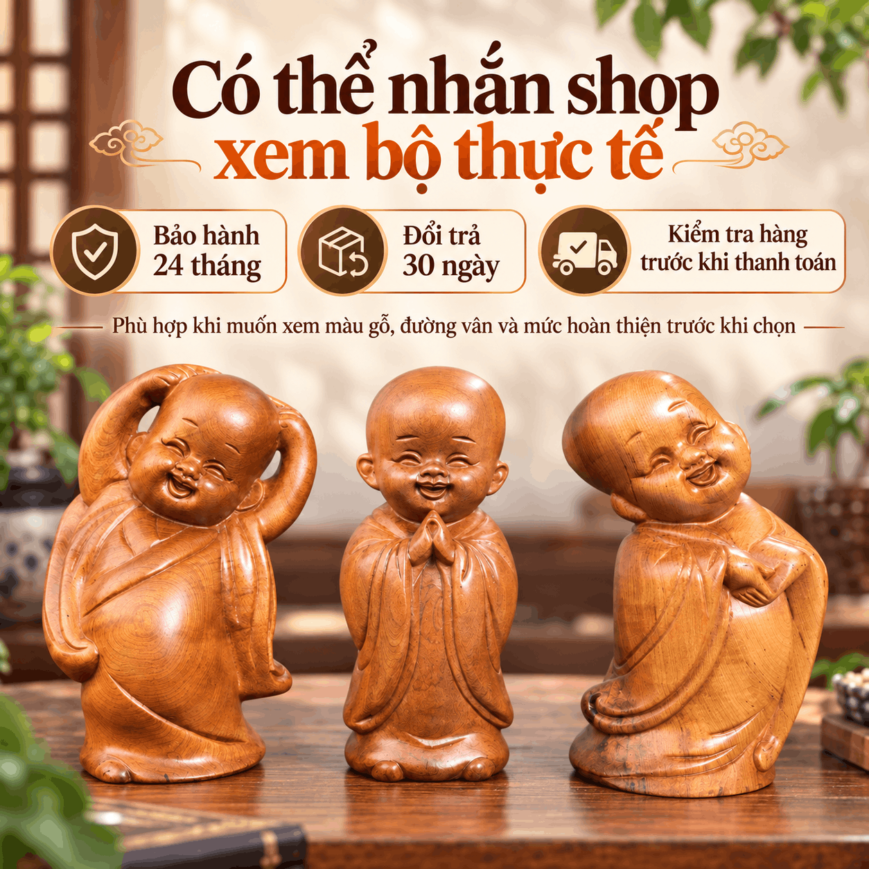 Bộ Tượng Chú Tiểu Tam Tâm (Tâm – Trí – Tịnh) Gỗ Bách Xanh