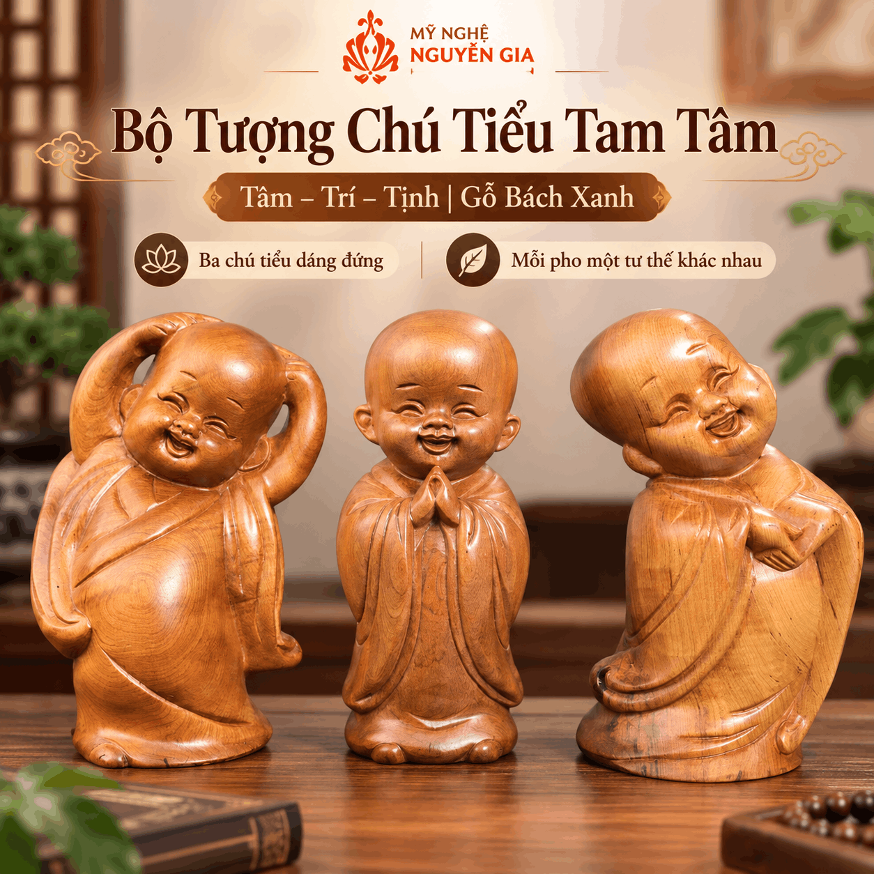 Bộ Tượng Chú Tiểu Tam Tâm (Tâm – Trí – Tịnh) Gỗ Bách Xanh