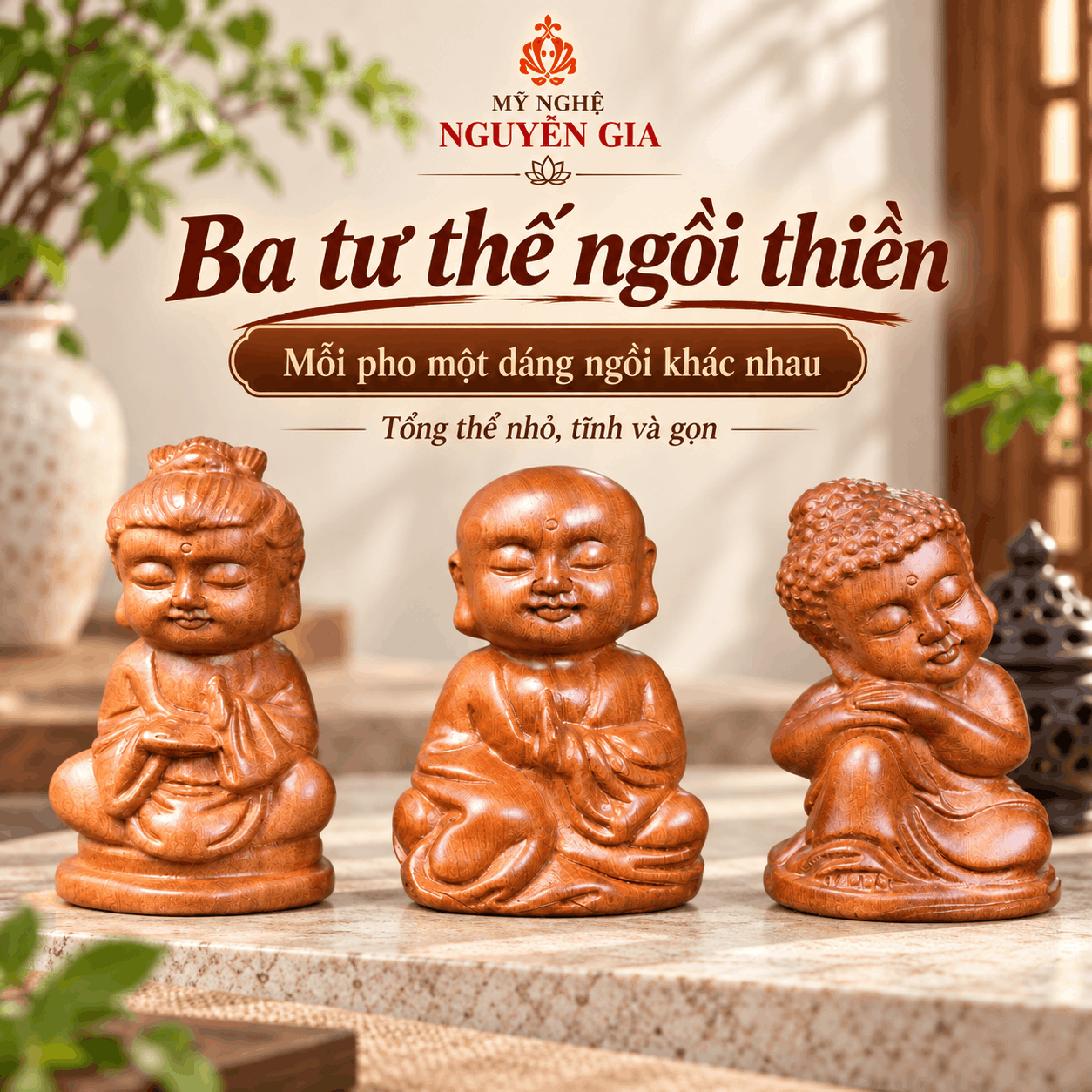 Bộ Tượng Tam Thiền Mini Gỗ Bách Xanh 9 cm