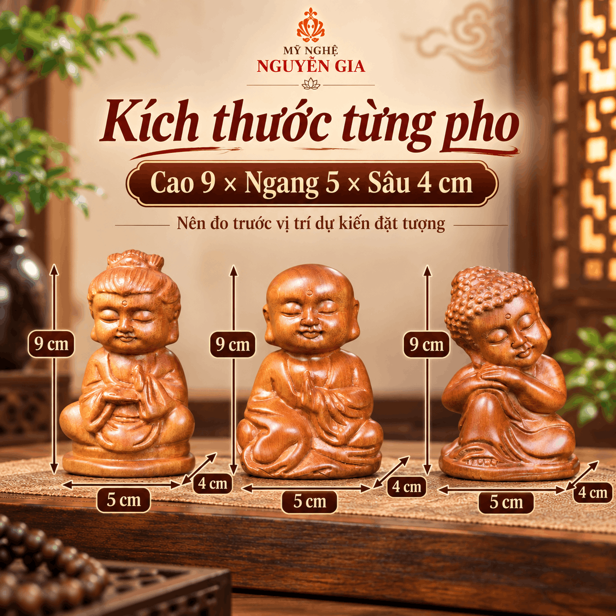 Bộ Tượng Tam Thiền Mini Gỗ Bách Xanh 9 cm