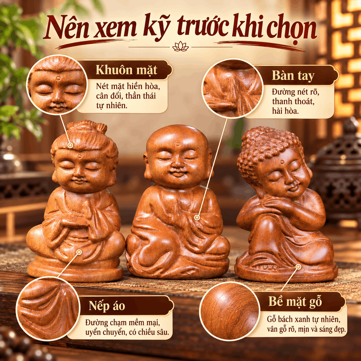 Bộ Tượng Tam Thiền Mini Gỗ Bách Xanh 9 cm