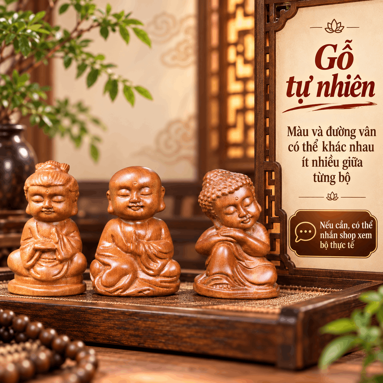 Bộ Tượng Tam Thiền Mini Gỗ Bách Xanh 9 cm