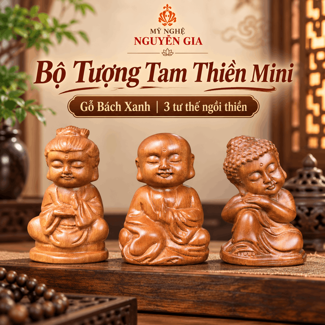 Bộ Tượng Tam Thiền Mini Gỗ Bách Xanh 9 cm