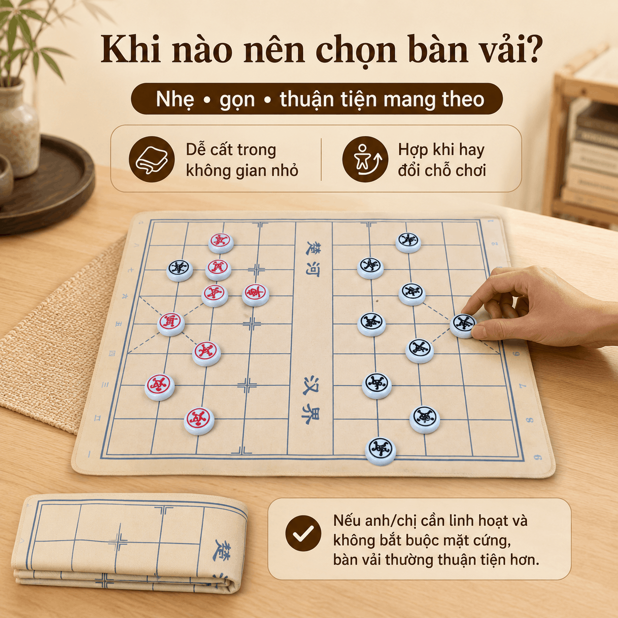 Bàn cờ tướng gỗ và bàn vải khác nhau thế nào?