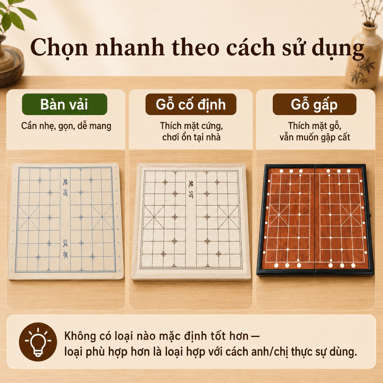 Bàn cờ tướng gỗ và bàn vải khác nhau thế nào?