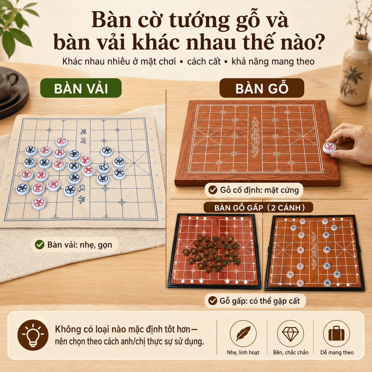 Bàn cờ tướng gỗ và bàn vải khác nhau thế nào?