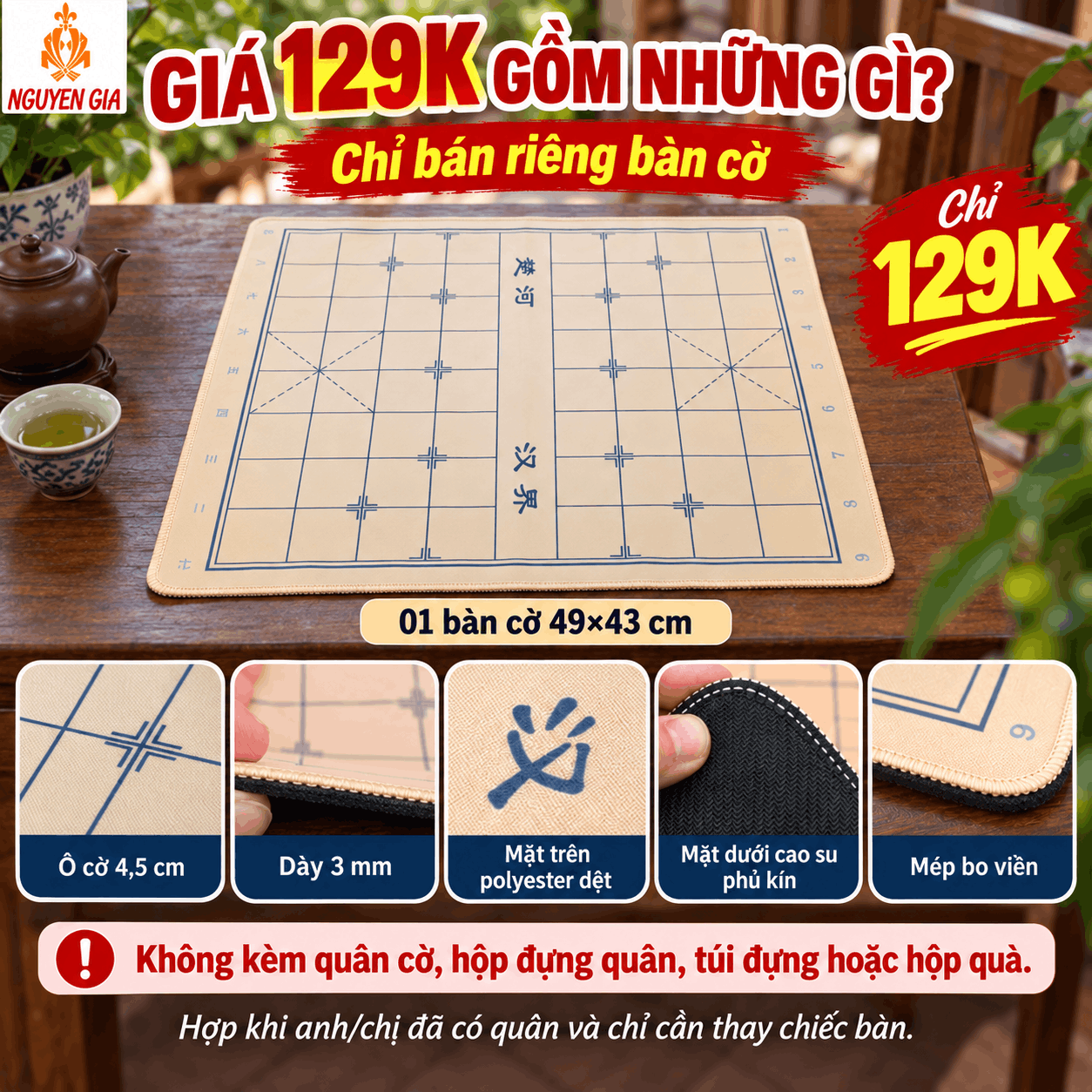 Bàn Cờ Tướng Vải Đế Cao Su Chống Trượt 49×43cm – Dày 3mm