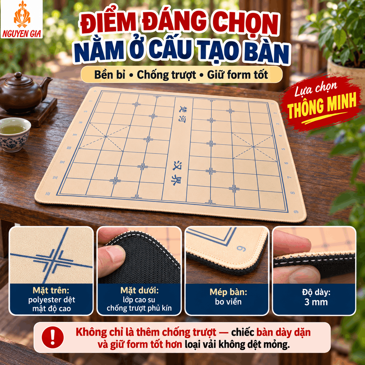 Bàn Cờ Tướng Vải Đế Cao Su Chống Trượt 49×43cm – Dày 3mm