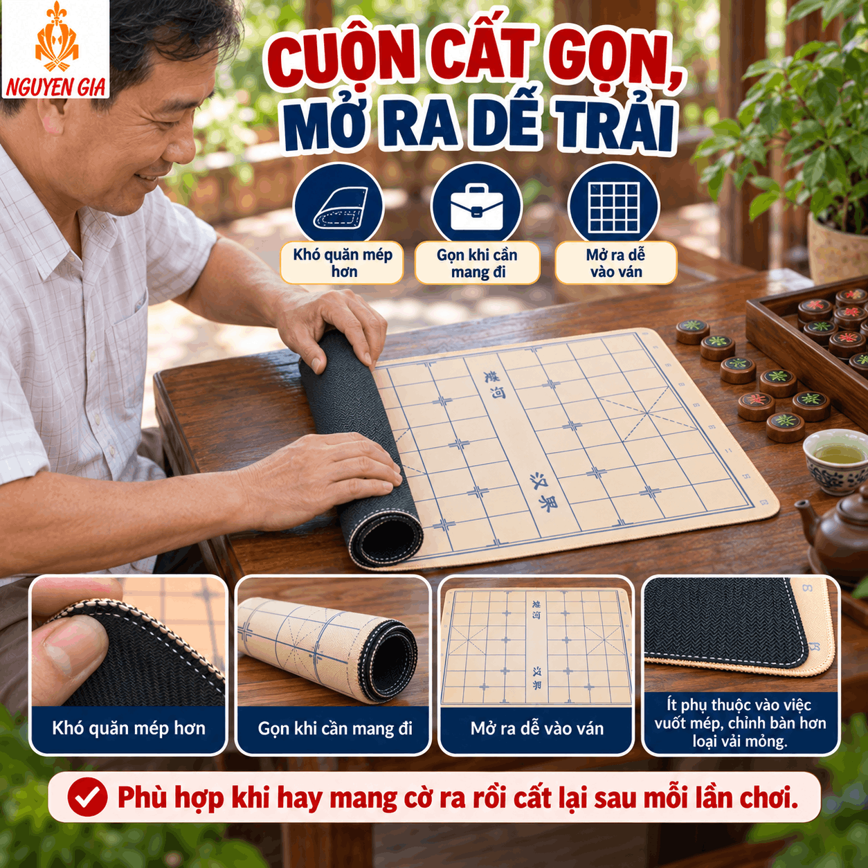 Bàn Cờ Tướng Vải Đế Cao Su Chống Trượt 49×43cm – Dày 3mm