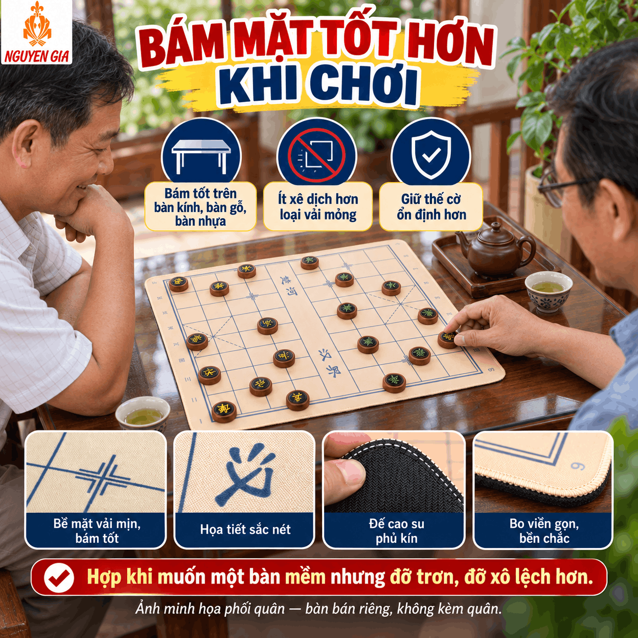 Bàn Cờ Tướng Vải Đế Cao Su Chống Trượt 49×43cm – Dày 3mm