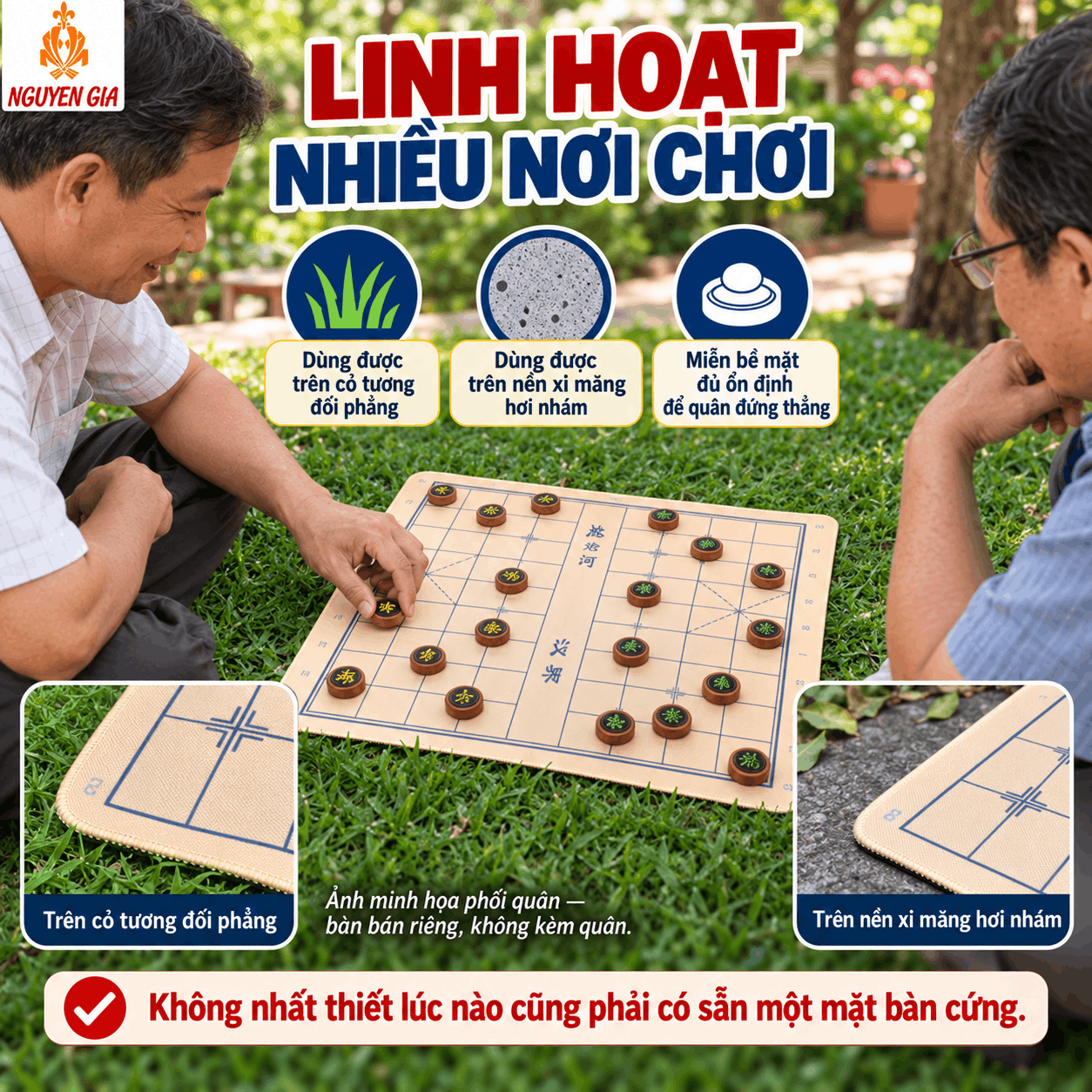 Bàn Cờ Tướng Vải Đế Cao Su Chống Trượt 49×43cm – Dày 3mm