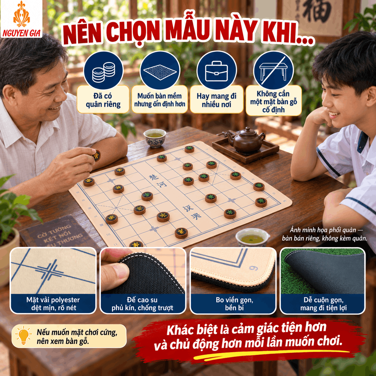 Bàn Cờ Tướng Vải Đế Cao Su Chống Trượt 49×43cm – Dày 3mm