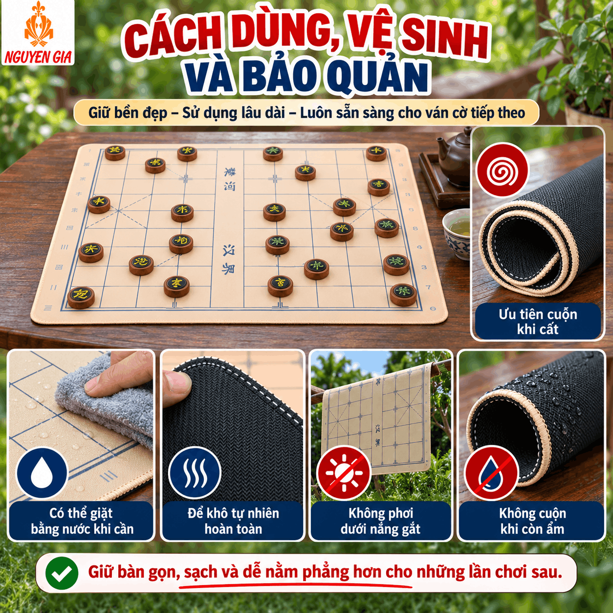 Bàn Cờ Tướng Vải Đế Cao Su Chống Trượt 49×43cm – Dày 3mm