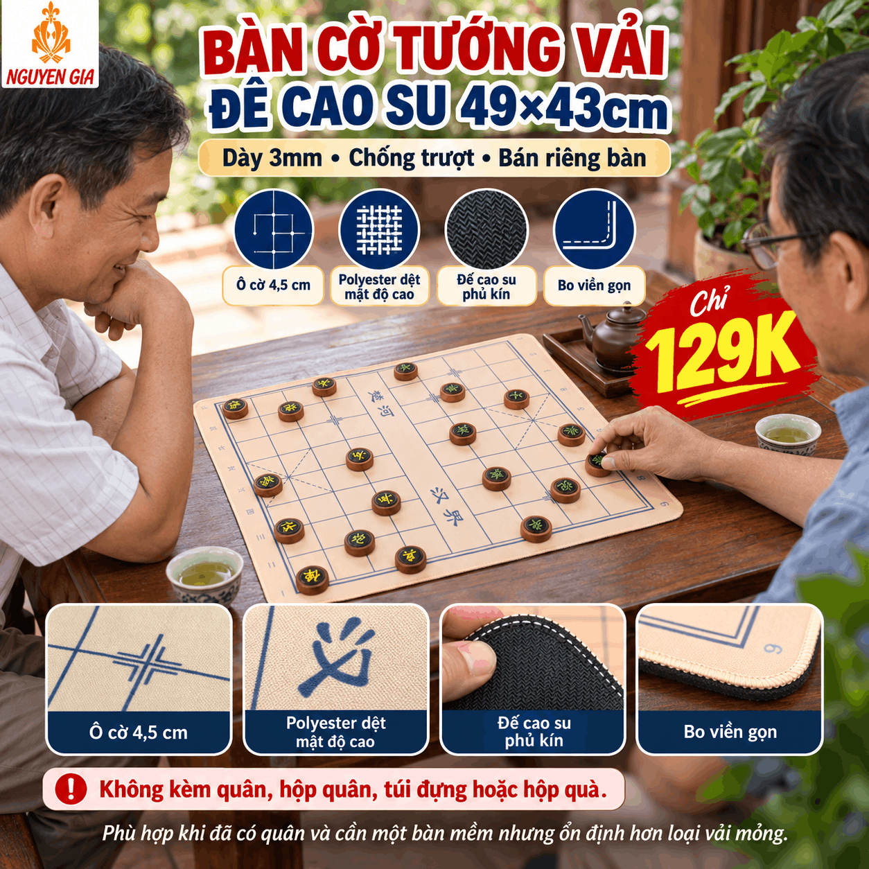 Bàn Cờ Tướng Vải Đế Cao Su Chống Trượt 49×43cm – Dày 3mm