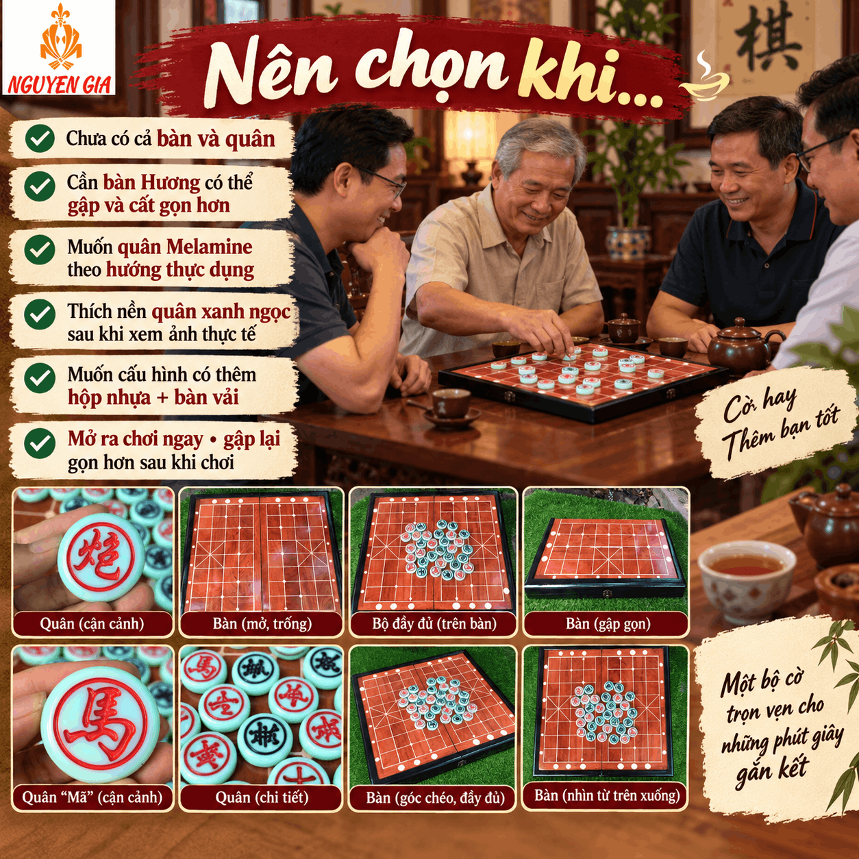 Bộ Cờ Tướng Bàn Hương Gấp – Quân Melamine Xanh Ngọc 3,8 cm