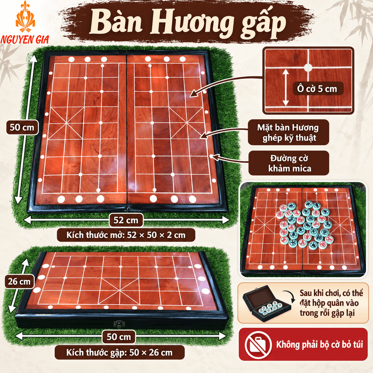 Bộ Cờ Tướng Bàn Hương Gấp – Quân Melamine Xanh Ngọc 3,8 cm